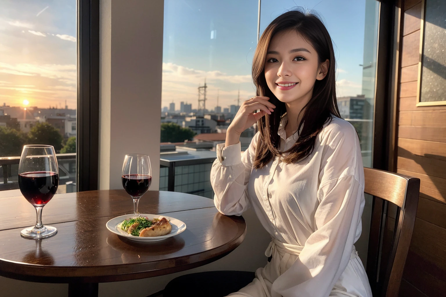((Highest quality、8K、masterpiece:1.3))、Shortcuts、cute、slimカップル、modelカップル、actress男優、(Realistic, Intricate details:1.2), full-course dinner、Wine Party、Amazing view of the sunset sky and clouds、A bright smile、short hair,Bright Face、45 years old), 42 years old, red wine 、Appetizers、Italian food、Wine bottle、Champagne、sparkling wine、Two beauties、Brown Hair、Shortcuts、Long sleeve shirt、dress、Beautiful woman 1, (slimな顔), (The body is slim), (Brown Hair), (Shortcuts), cheeks turn a little red,Attractive beauty、restaurant, In a prominent place (From the waist up) Nova Frog Style, actress, model, Upper Body, White wine, slim, wine glass, 中央に置かれたwine glass, smile, (smile: 1.15), Beautiful fine grain, Depth f/2,saturation, High Contrast, Strong light and shadow,Moist Body:1.5、3D texture、Delicate eyes、Brown Hair、The hair is very shiny、
