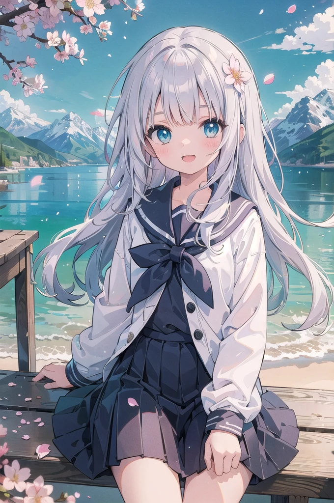 (masterpiece),  scenery,  mountainous horizon,  cherry blossoms,  petals,  light particles,  upper body,  1girl,  sailor,  wavy hair,  floating hair,  smile,  sitting,  open mouth,  light particles,  silver hair,  aqua eyes,  looking at viewer,  face focus