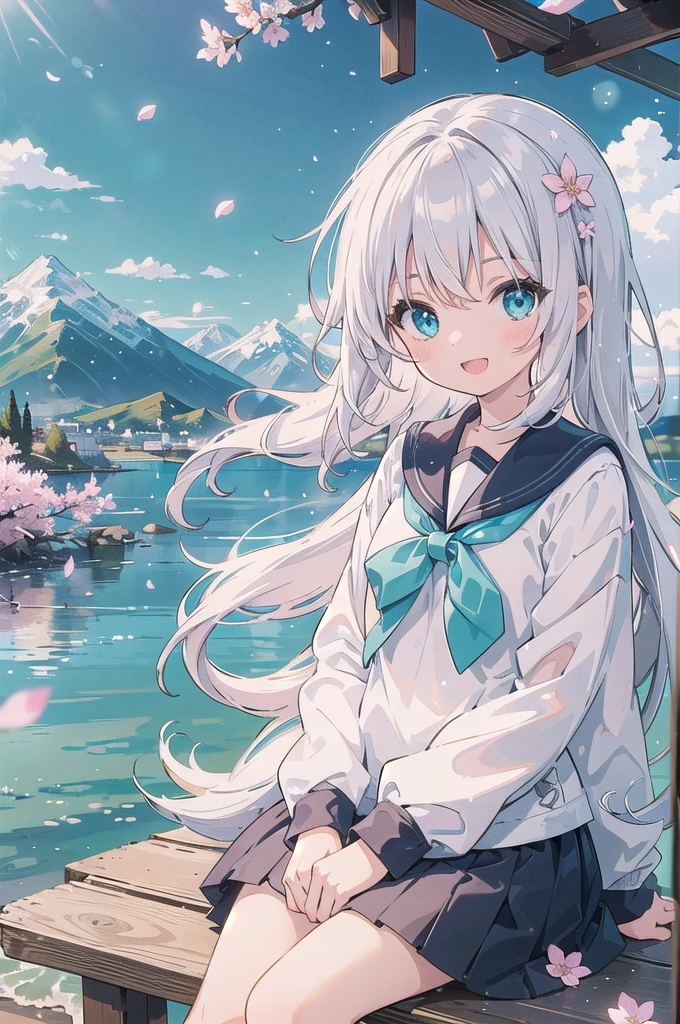(masterpiece),  scenery,  mountainous horizon,  cherry blossoms,  petals,  light particles,  upper body,  1girl,  sailor,  wavy hair,  floating hair,  smile,  sitting,  open mouth,  light particles,  silver hair,  aqua eyes,  looking at viewer,  face focus