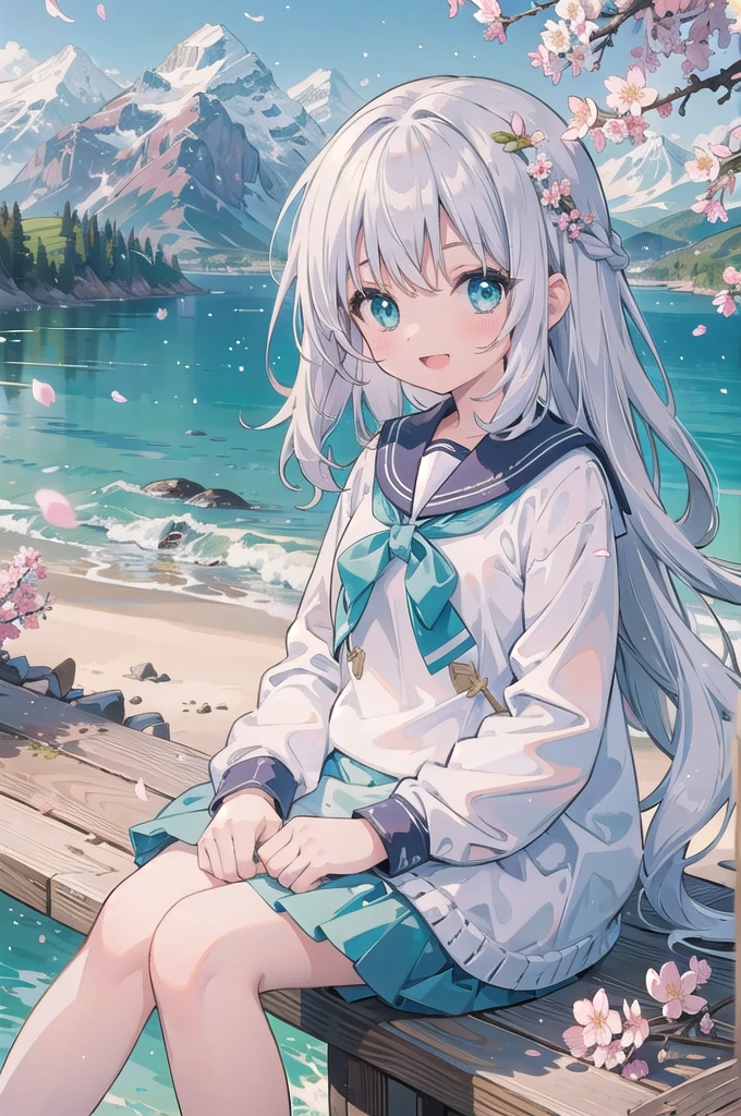 (masterpiece), scenery, mountainous horizon, cherry blossoms, petals, light particles, upper body, 1girl, sailor, wavy hair, floating hair, smile, sitting, open mouth, light particles, silver hair, aqua eyes, looking at viewer, face focus
