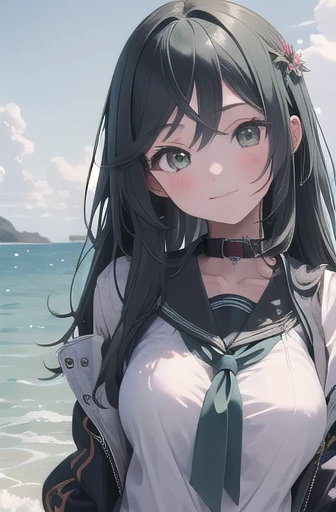 (masterpiece:1.3), (Confused:1.3), (Highest quality:1.3), (Very detailed:1.3), 1 Girl, Looking at the audience, smile, Outdoor, Upper Body, few, Hello, Seraphim, , Sailor collar,green，greenいクラゲ，Ocean、Long black hair、Big Breasts