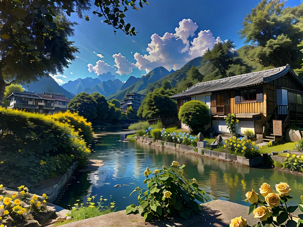 8K HD quality,garden,river,forest,Takayama,Blue sky and white clouds,很多river, lake, rivers,And the mountains,Rural housing,Yellow roses are all over the mountains,Black roses everywhere,Black Rose Garden,Patches of black roses