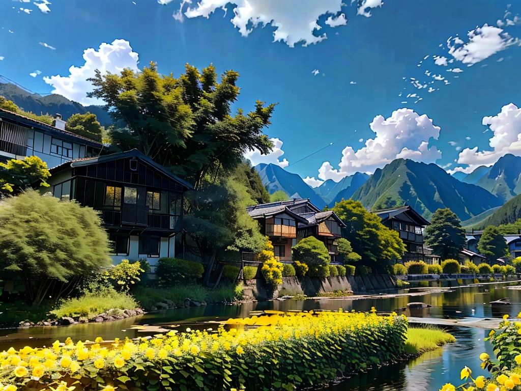8K HD quality，garden，river，forest，Takayama，Blue sky and white clouds，很多river, lake, rivers，And the mountains，Rural housing，Yellow roses are all over the mountains，Black roses everywhere，Black Rose Garden，Patches of black roses