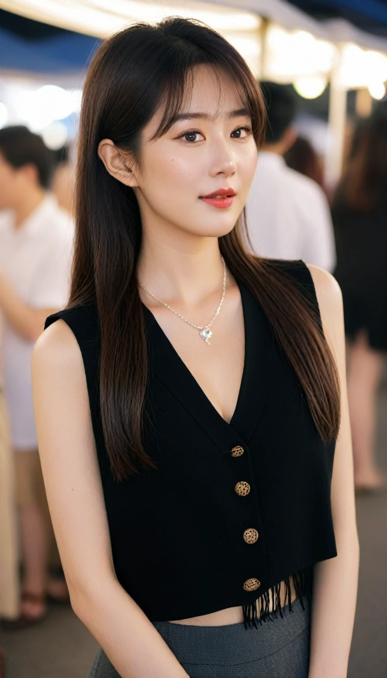 Close up of beautiful Korean woman, 34 inch chest size, side fringe, Wear a cropped vest, necklace , At the night market, light, Retina