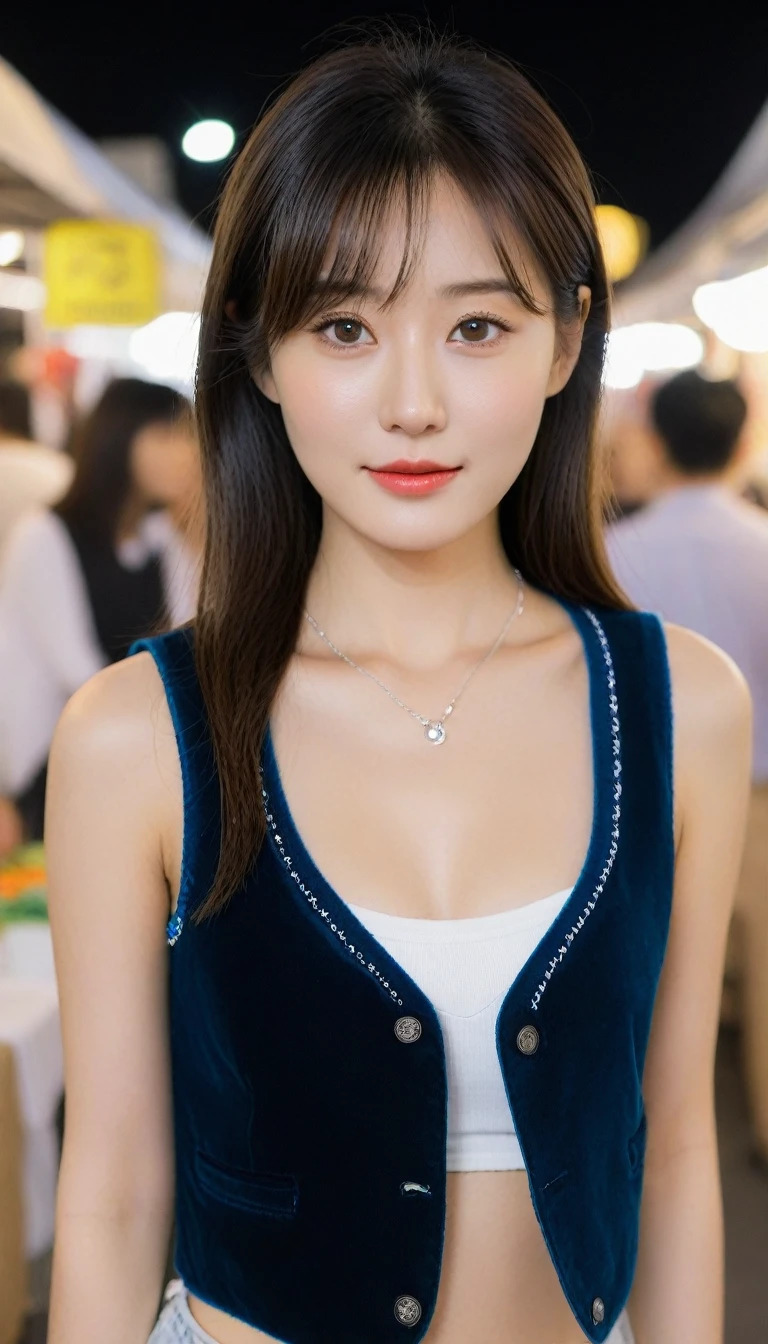 Close up of beautiful Korean woman, 34 inch chest size, side fringe, Wear a cropped vest, necklace , At the night market, light, Retina