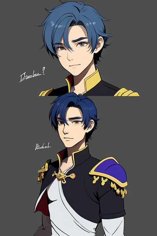 create son a character design of mal and Ben from descendants is son his name is ember he's 15 years old he has blue hair like grandfather Hades he's hair is *not* fire give him a villain can look and a prince look and make it a sketch not a 3D model or whatever but a sketch sketch with color the main color should be blue A little red and a little bit of yellow make sure his hair is a looking good hair villain but also a little bit prince hair short hair
