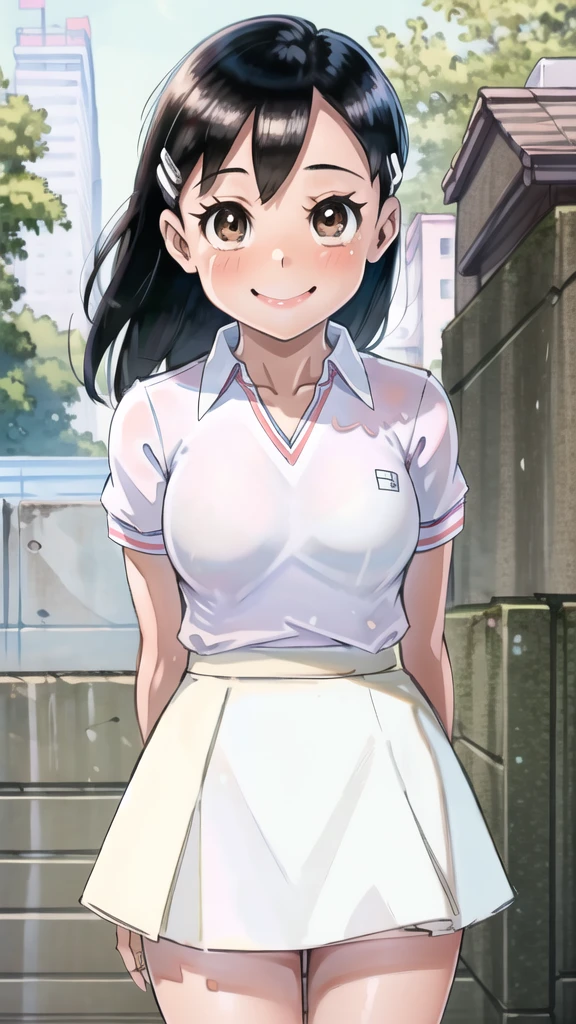 Anime girl in uniform standing in front of a sign in the park, anime moe art style, beautiful anime high school girl, a surreal ,  in a dress, realistic high school girl, attractive anime girl, surreal , Smooth anime CG art, makoto shinkai style, realistic anime art style, semi-realistic anime style, in anime style