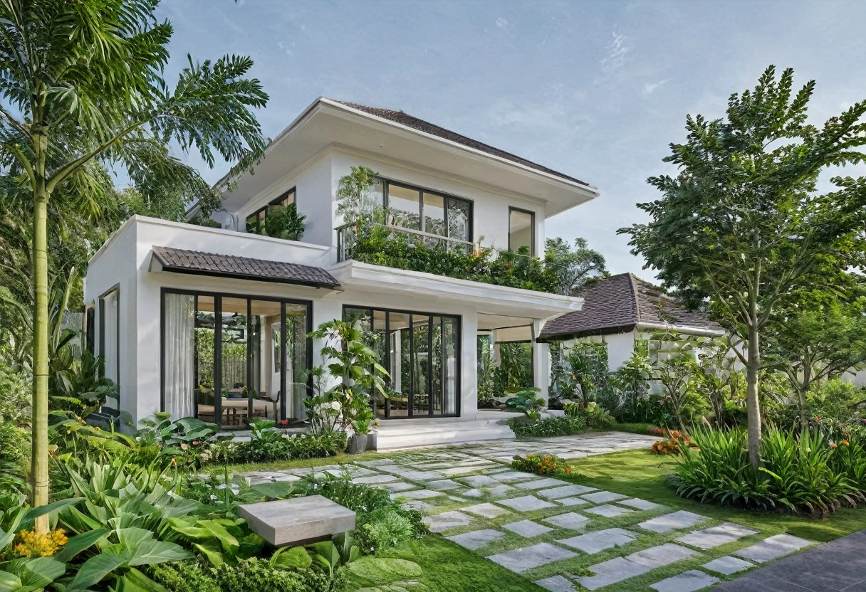 A highly detailed, high-resolution render of a indochine villa garden house with a width of 7 meters. The house features a sloped roof with a white facade and black-framed windows, similar to the provided image. The front yard includes a well-maintained lawn with some greenery and a small porch area with outdoor furniture. Add a stylish fence surrounding the property and an elegant gate at the entrance. Ensure the overall scene captures the serenity and simplicity of the garden house, with emphasis on the clean architectural lines and the harmonious integration with the surrounding garden. The image should be sharp, with a clear depth of field (DOF) to emphasize the details of the house's exterior and the garden elements.
