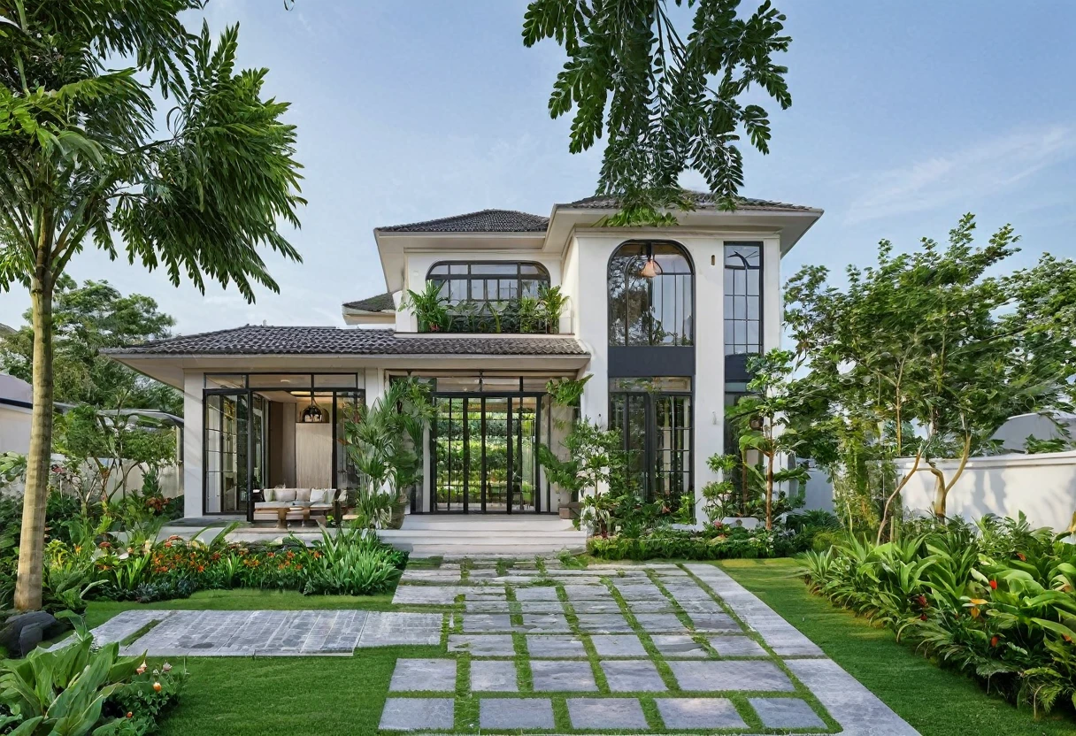 A highly detailed, high-resolution render of a indochine villa garden house with a width of 7 meters. The house features a sloped roof with a white facade and black-framed windows, similar to the provided image. The front yard includes a well-maintained lawn with some greenery and a small porch area with outdoor furniture. Add a stylish fence surrounding the property and an elegant gate at the entrance. Ensure the overall scene captures the serenity and simplicity of the garden house, with emphasis on the clean architectural lines and the harmonious integration with the surrounding garden. The image should be sharp, with a clear depth of field (DOF) to emphasize the details of the house's exterior and the garden elements.