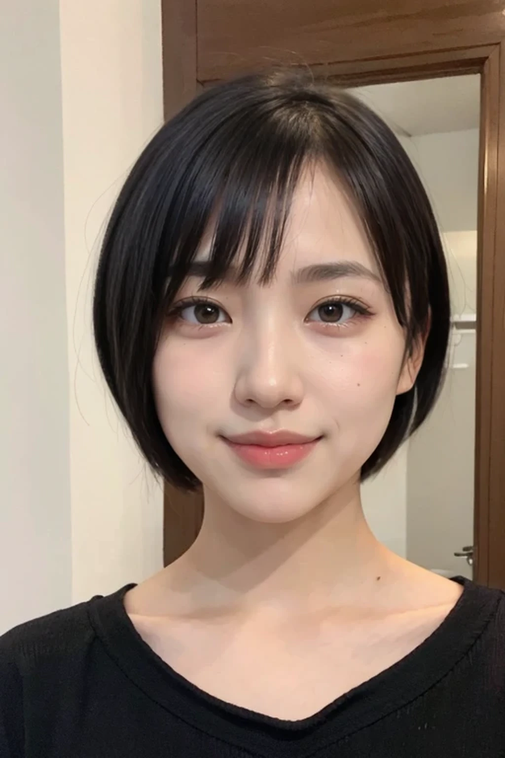 (naked, nude:1.3), 8k, RAW photo, best quality, masterpiece, realistic, photo-realistic, clear, professional lighting, beautiful face, no makeup, best quality, ultra high res, BREAK, Japanese cute girl, 14 years old, (short cut hair:1.2), smile, BREAK, standing, BREAK, (bedroom:1.3), (black eyes, black hair:1.2)