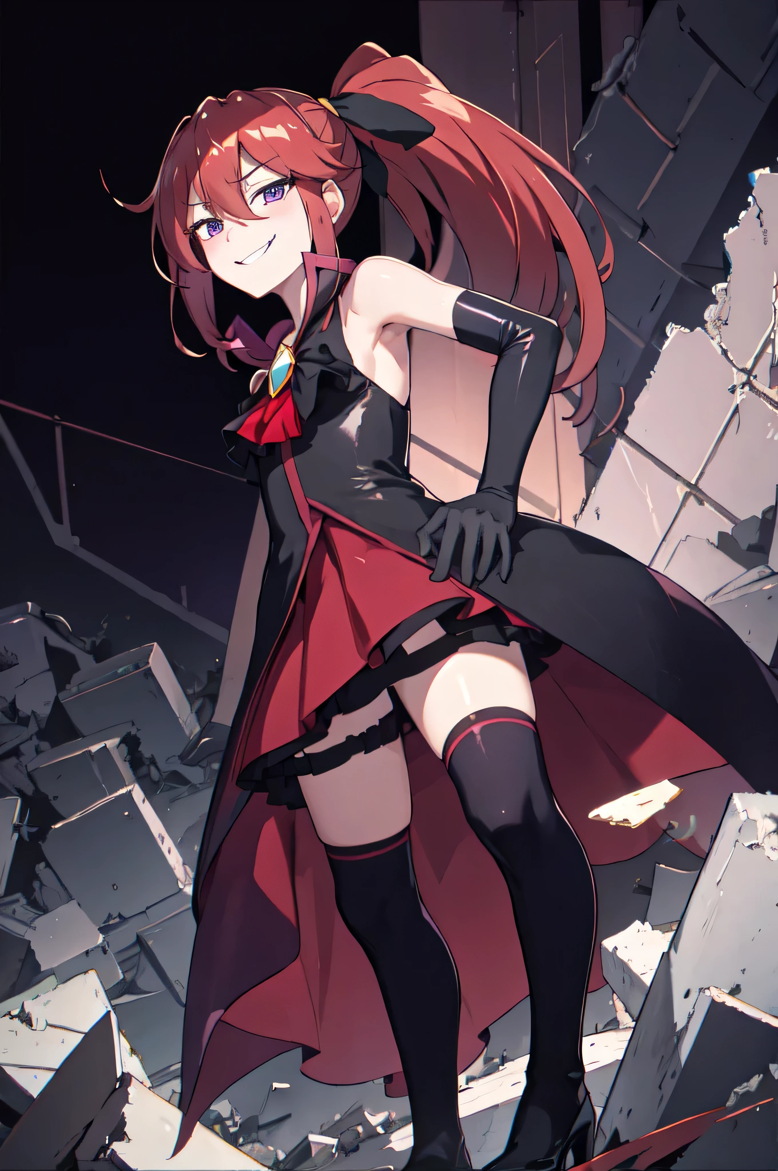 Highest quality, masterpiece, One Girl,Not beautiful, Red Ponytail, Long dress, brooch, Hair Ribbon, - Elbow hand pockets, Black knee socks, Standing on the rubble, (Wicked Smile:1.1), ,,Dark shadowed face,Sadistic smile,Malice,Contempt,smile,latex,Bad face,,Red Skirt,two hands,two legs,five fingers,black and purple background,elbow gloves,