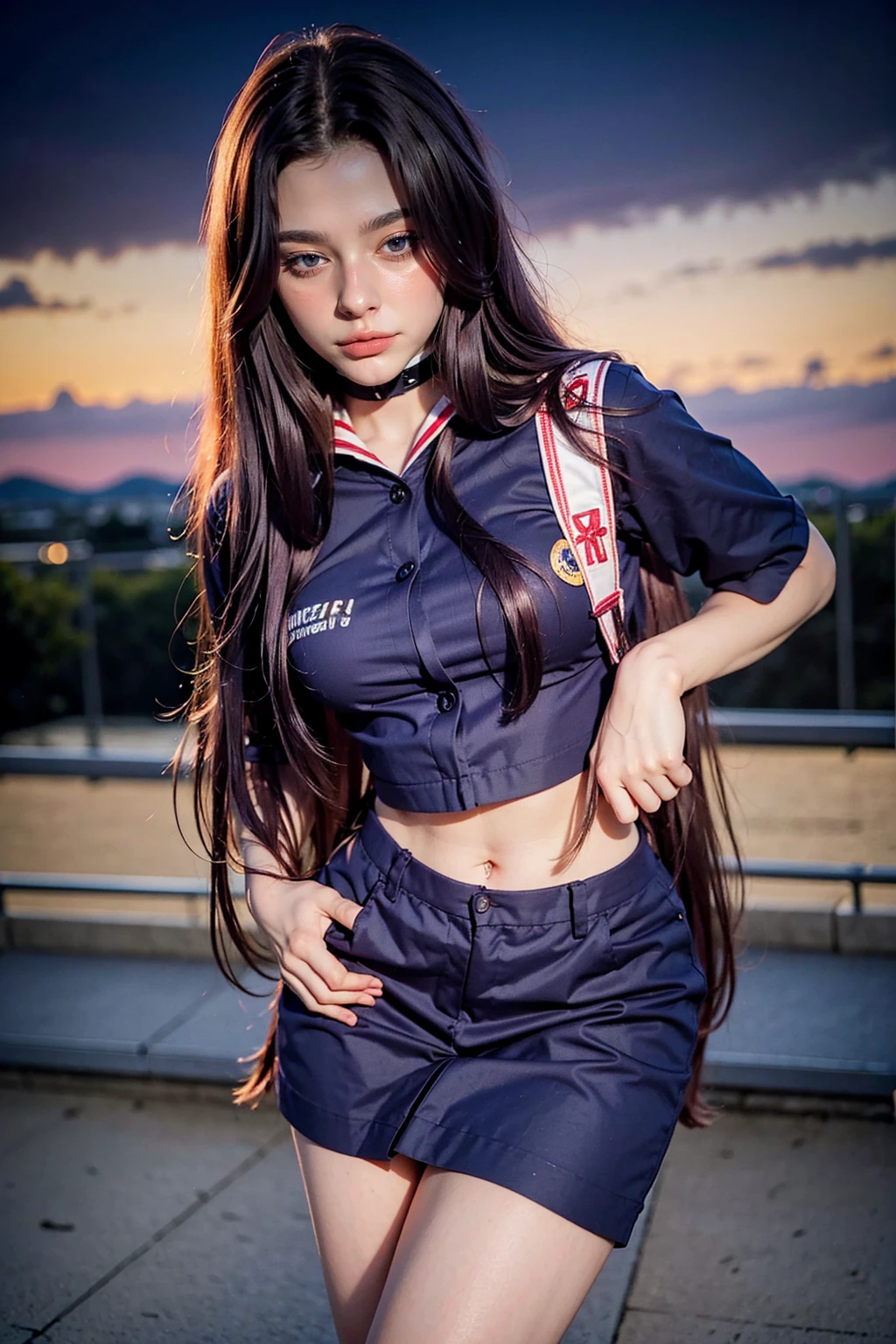 (1 lady), (Best quality at best:1.4), (ultra - detailed), (extremely detailed CG unified 16k), A Beautiful Woman with Perfect Figure: 1.4, Sharp Focus: 1.2, very detailed, High-definition RAW color photo, professional photoshooting, amazing face and eyes, (amazingly beautiful girl), ((masterpiece)), realistic cinematic face, head to feet long wide zoomed out view, full body long view, photorealistic, ((highres)), ((detailed background)), sunset, (ichinose kotomi), gorgeous, extremely beautiful face, perfect model beauty, Highly Detailed Face and Skin Texture, Detailed Eyes, Double Eyelids, ((kotomi uniform, hikarizaka uniform, sch00l uniform, formal uniform)), ((realistic natural purple hair style, purple eyes, long hair, hair ornaments)), tarankaaa, not Dasha Taran, library background, extremely detailed, blurred background, depth of field, cinematic lighting, amazing legs, clear and well-cared skin, athletic, big proportions body, looking at viewer, best hands of the internet