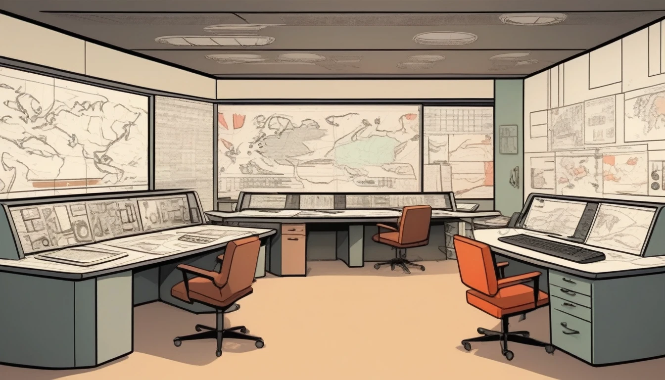 Cartoon style, drawing with black lines and colored, command center, a war room in 1950.
