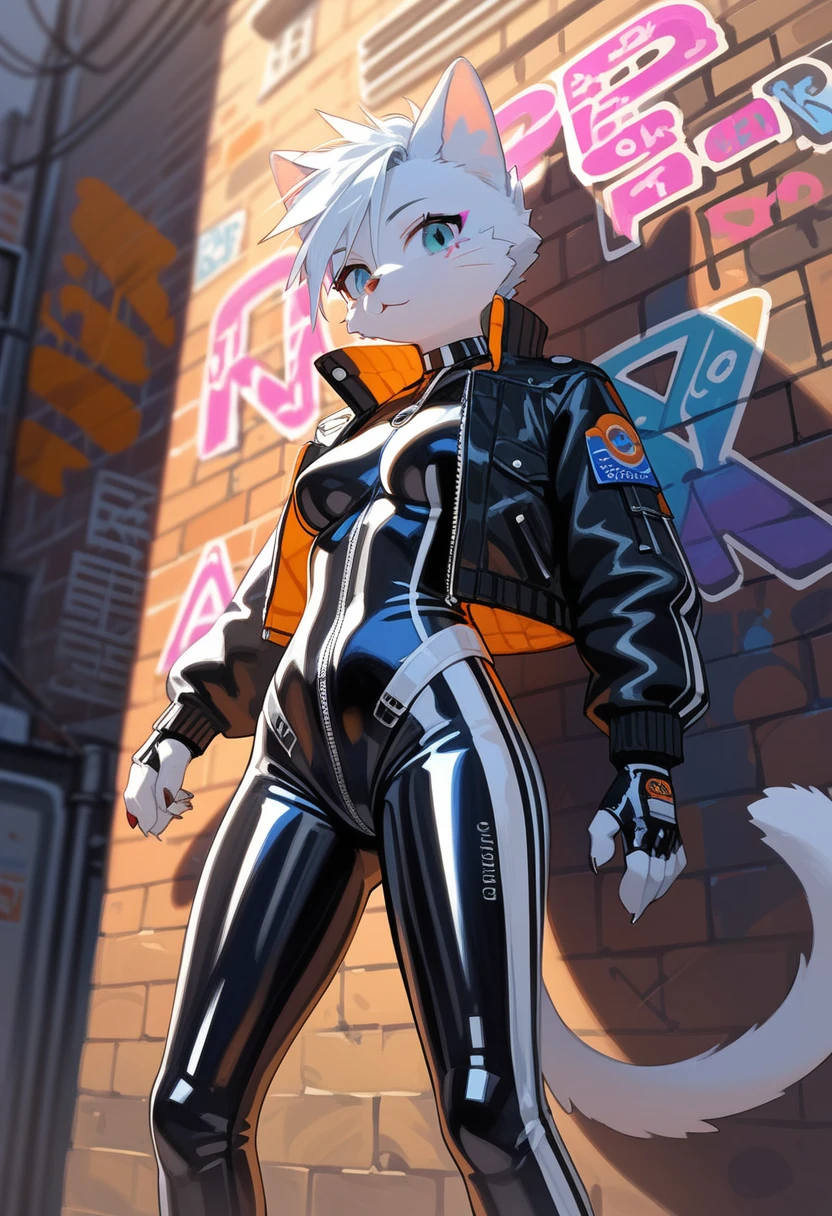 animation, Highest quality, Highest quality, High quality illustrations, masterpiece, Ultra-high resolution, Detailed Background, Alley, Graffiti art on the wall, Absurd, Perfect Anatomy, performance, Good lighting, Shadows in the movies(kemono, Furry PersonifiCation), Cat, White Rubber Suit, latex, neon, neonライト, neonカラー, Bodysuits, Cyber Suit, Leather Half Jacket, cyber punk, Leaning against the wall, Dynamic Angle