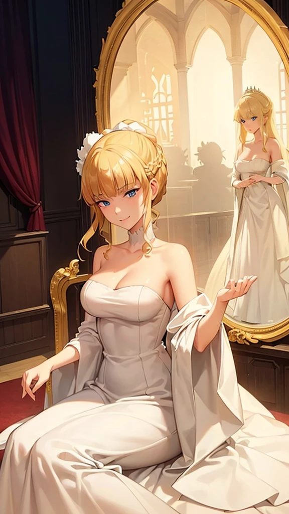 ((fullbody)) A regal blonde woman, clad in a white and yellow dress, stands in a royal chamber at night. Her blue eyes gleam mischievously as she smirks at her reflection in the ornate vanity, a play of light and shadow creating an air of mystery and intrigue.