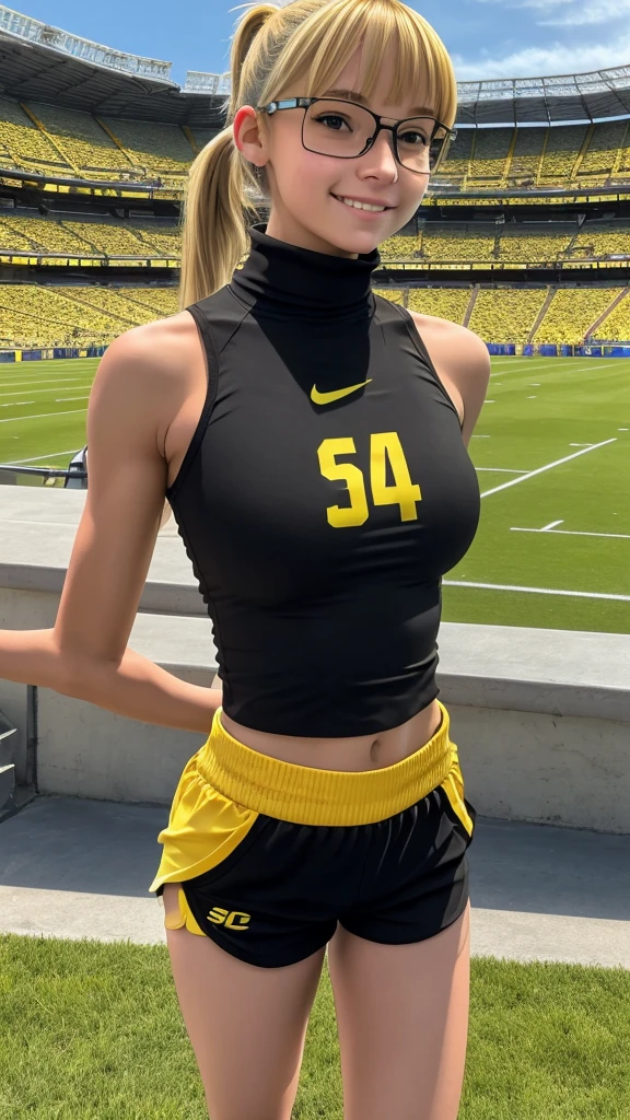 beautiful girl runner, 16 years old, Prepare to practice running, Lean over to tie your shoelaces..........................., Blond hair, Ponytail, bangs, Smile a little..........................., Wear glasses, ((Wear a sleeveless sports bar..........................., turtleneck, black and yellow shorts, (underboob))), The abdomen has sexy lines..........................., yellow running shoes, in the stadium stands, anime, high-res