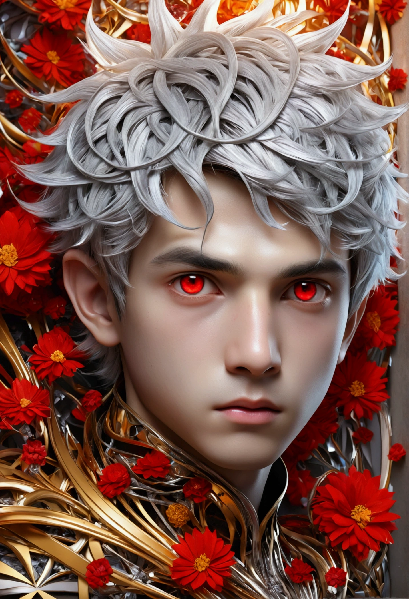 Realistic, (masterpiece, Highest quality, Highest quality, Official Art, Beauty and aesthetics: 1.2), Very detailed, Fractal Art, colorful, Most detailed, Tangled, (Abstract background: 1.5) (One boy: 1.3), god々, Gray Hair, (Glowing red eyes), god秘的, (magic), ice, ((Flowers on the other side)), Yellow Spring, hell