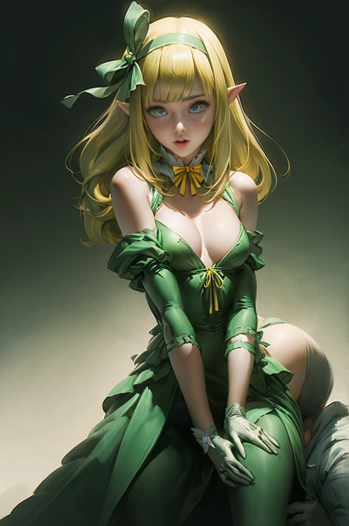 nsfw,((One man and one woman,Having sex)),Lying down,Small breasts,Bare Breasts,Showing off her nipples,hair ribbon green hairband ,pointy ears,yellow bow green dress bare shoulders detached sleeves clothing cutout skirt green gloves,Ahegao,A simple background