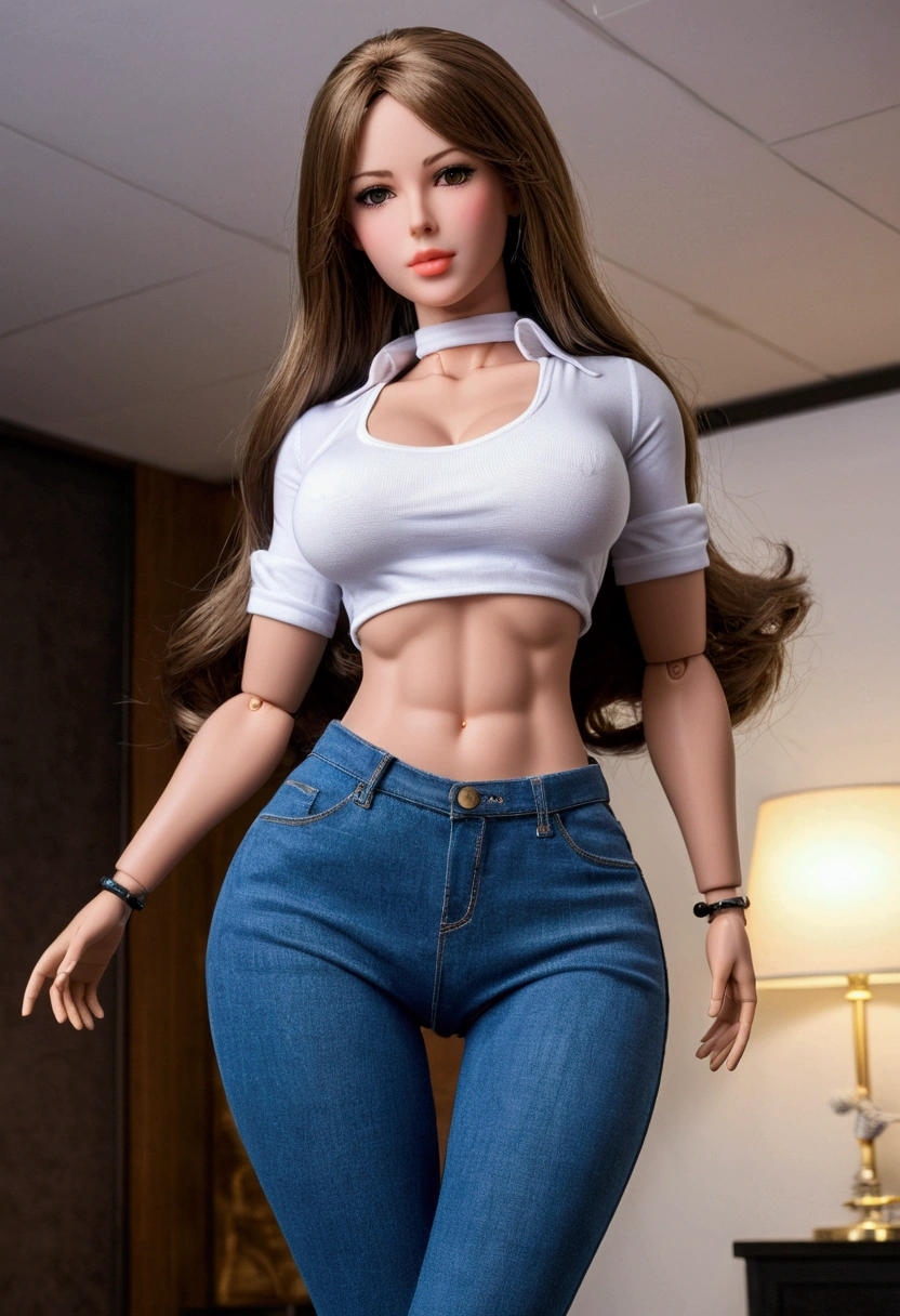 Three meters tall female sex doll. ((Head reaches The ceiling)) Massive , Wearing tight jeans and a tight shirt. Robot. Big muscles, muscular, thicc thighs and hourglass figure.