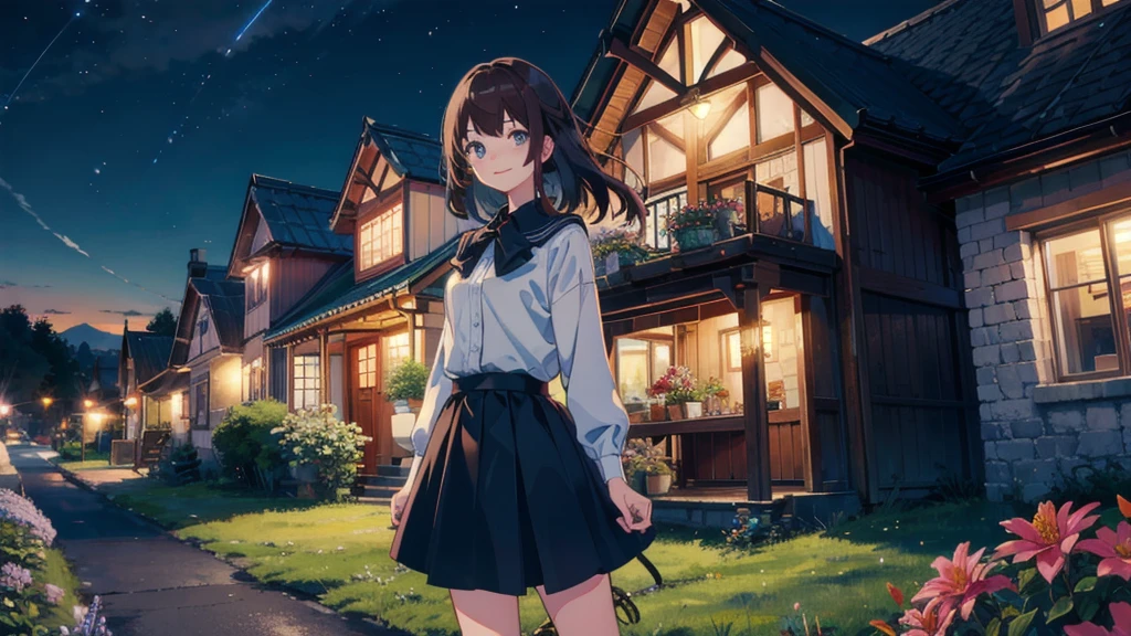 masterpiece,Highest quality,One Girl,The hair color is brown, Eye color: black, smile,countryside,Cityscape,night景,Flowers and plants,scenery,night,Light Perception,soft,