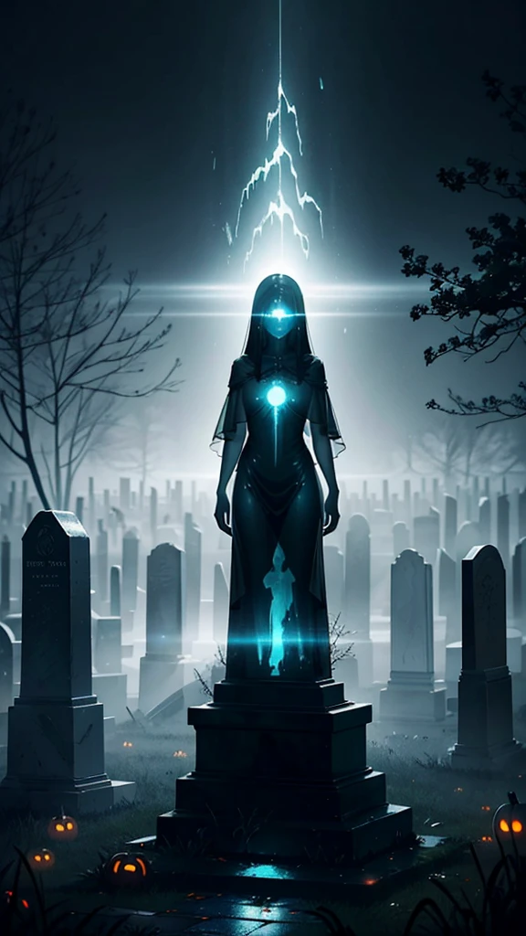 Design a hauntingly beautiful artwork featuring a mist-filled graveyard against an abstract background of light, a ghostlystyle 1girl floating figure, translucent form and ethereal presence, solo, detailed glowing eyes, dark eerie lighting effects casting long shadows across ancient tombstones, emphasize themes of solitude and melancholy and the supernatural to create an atmospheric mood that captures the essence of Halloween, abstract lighting source, trending on ArtStation, showcase its unique blend of styles and themes,