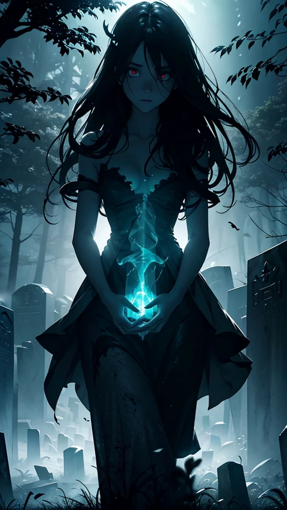 Design a hauntingly beautiful artwork featuring a mist-filled graveyard against an abstract background of light, a ghostlystyle 1girl floating figure, translucent form and ethereal presence, solo, detailed glowing eyes, dark eerie lighting effects casting long shadows across ancient tombstones, emphasize themes of solitude and melancholy and the supernatural to create an atmospheric mood that captures the essence of Halloween, abstract lighting source, trending on ArtStation, showcase its unique blend of styles and themes, 
 