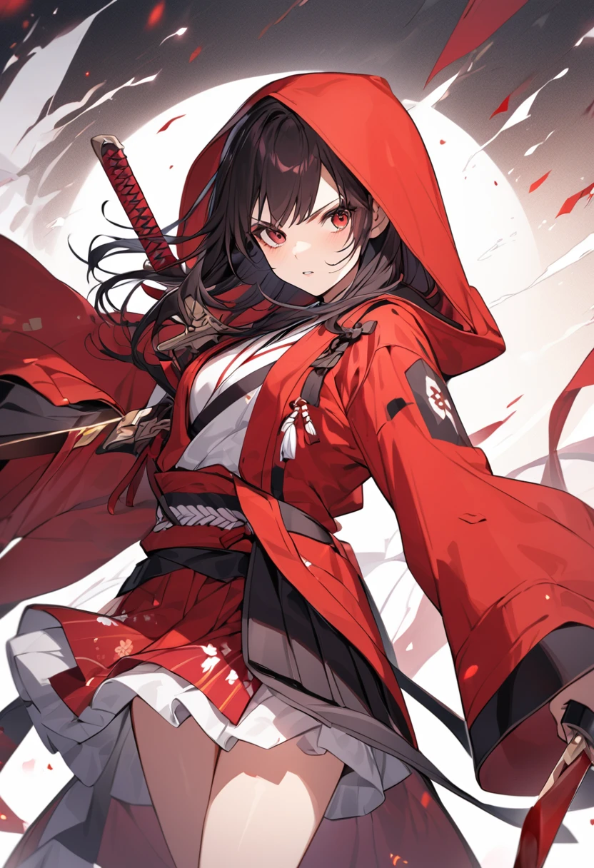 Japanese girl　Wear a red long hooded coat　Hold the dagger in your backhand