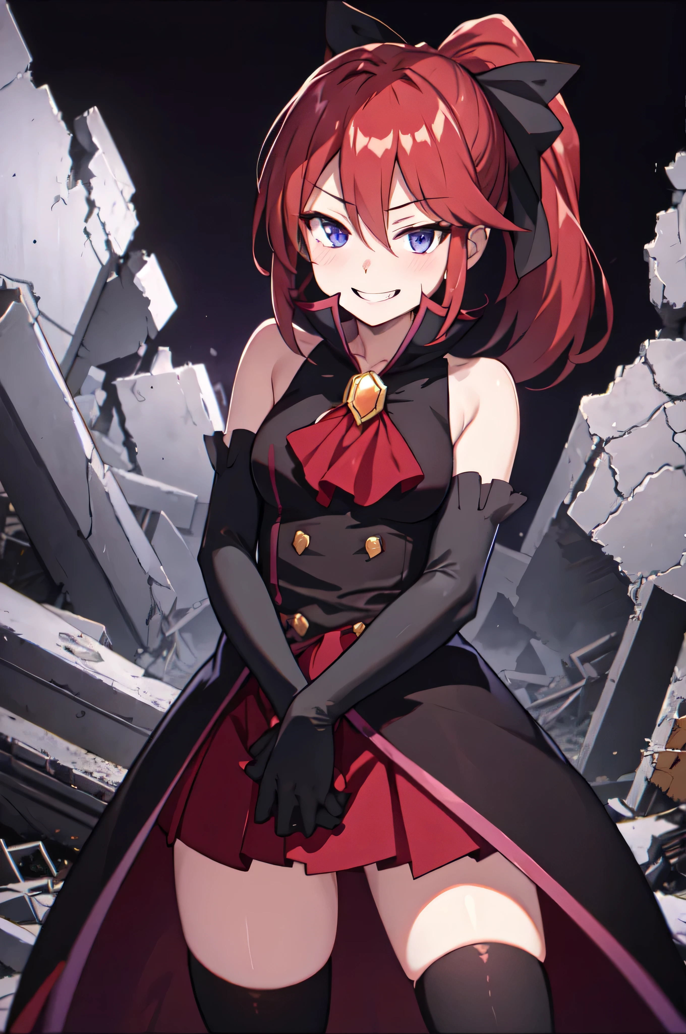 Highest quality, masterpiece, One Girl,Not beautiful, Red Ponytail, Long dress, brooch, Hair Ribbon, - Elbow hand pockets, Black knee socks, Standing on the rubble, (Wicked Smile:1.1), ,,Dark shadowed face,Sadistic smile,Malice,Contempt,smile,latex,Bad face,,Red Skirt,two hands,two legs,five fingers,black and purple background,elbow gloves,