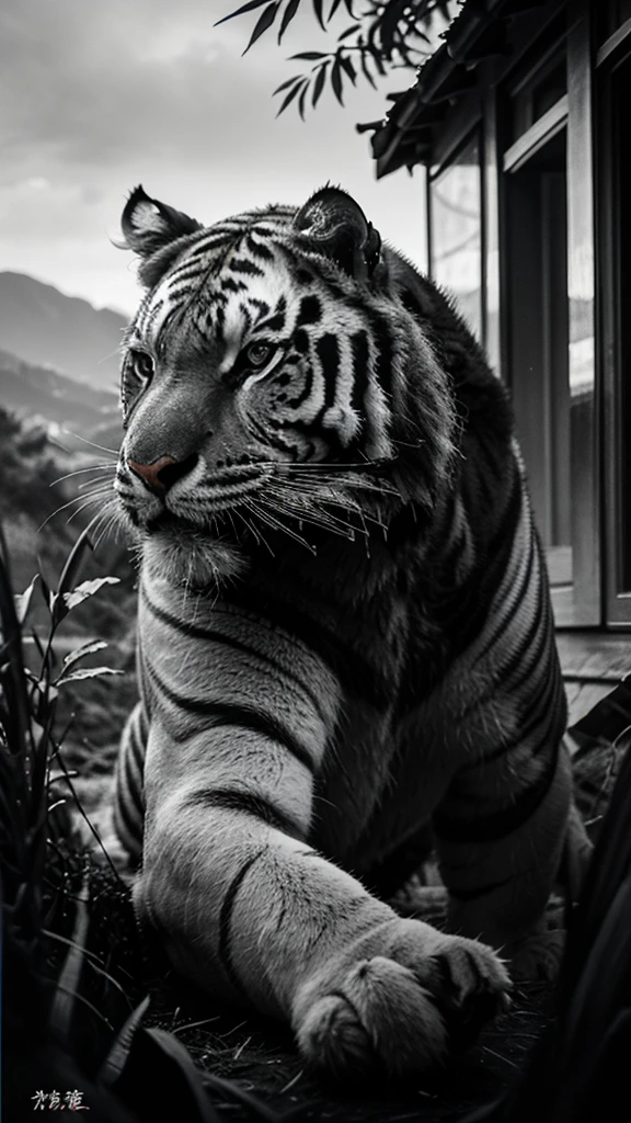 a tiger in the mountains surrounded by bamboo, traditional chinese ink painting, detailed brush strokes, dramatic lighting, moody atmosphere, cinematic composition, masterpiece, vibrant colors, high contrast, hyper-realistic, 8k, intricate details, professional art
