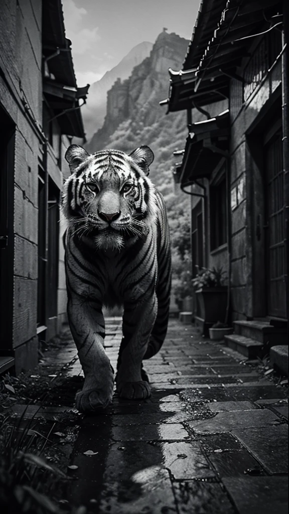a tiger in the mountains surrounded by bamboo, traditional chinese ink painting, detailed brush strokes, dramatic lighting, moody atmosphere, cinematic composition, masterpiece, vibrant colors, high contrast, hyper-realistic, 8k, intricate details, professional art