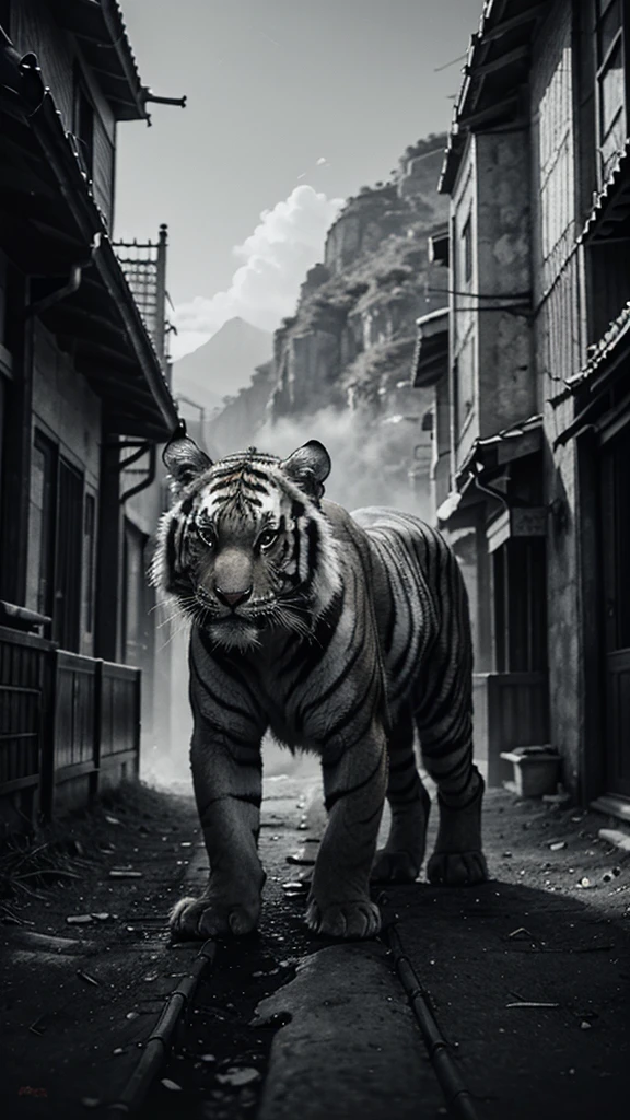 a tiger in the mountains surrounded by bamboo, traditional chinese ink painting, detailed brush strokes, dramatic lighting, moody atmosphere, cinematic composition, masterpiece, vibrant colors, high contrast, hyper-realistic, 8k, intricate details, professional art