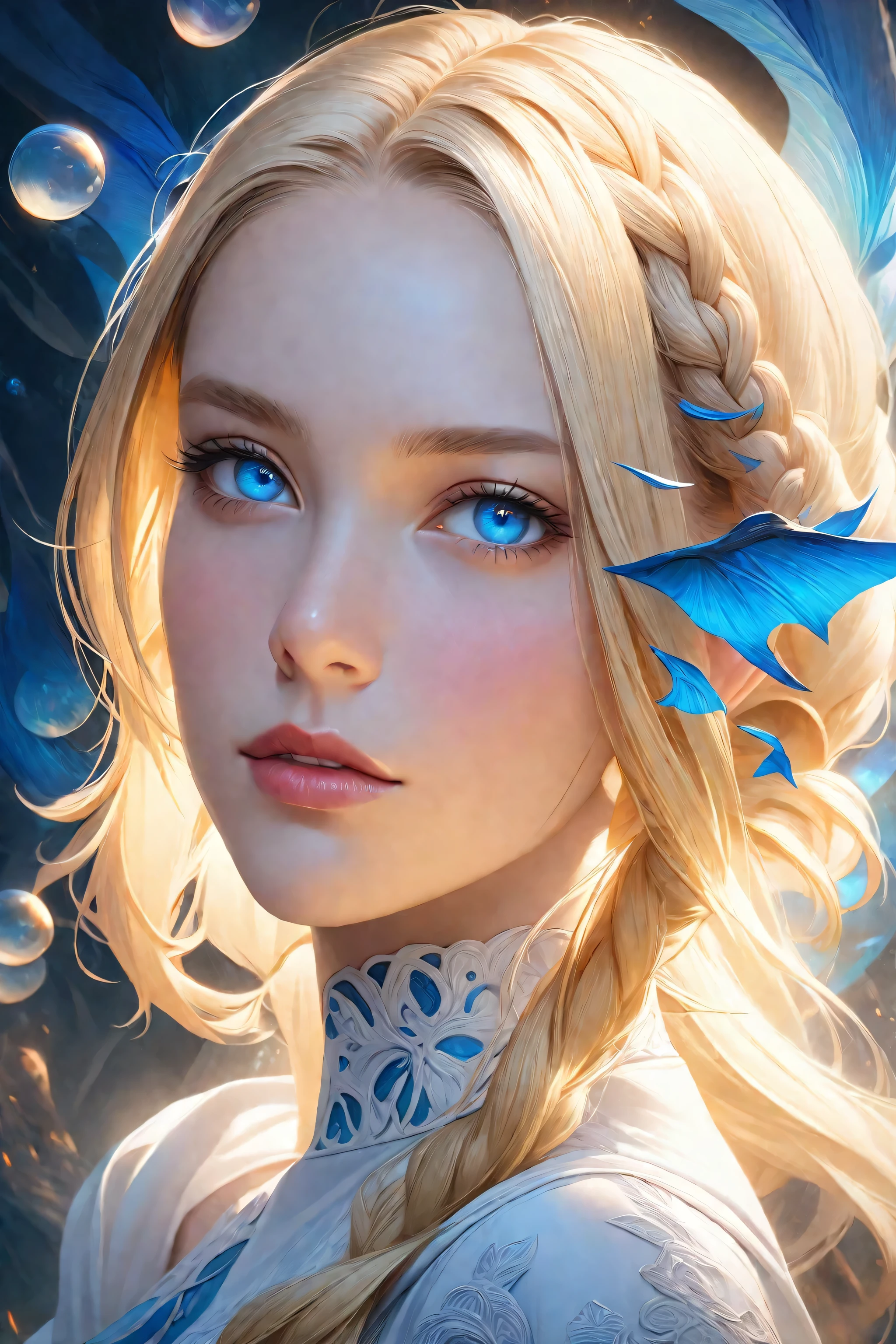 Blonde woman with blue eyes and braided hair wearing a white dress., detailed matte fantasy portrait, beautiful fantasy portrait, digital fantasy portrait, fantasy art portrait, beautiful fantasy art portrait, blonde braids and blue eyes, Portrait of very beautiful elf, beautiful digital painting, hyperrealistic fantasy art, awesome digital illustration, epic fantasy art portrait, hyperrealism. fantasy 4k, fantasy portrait