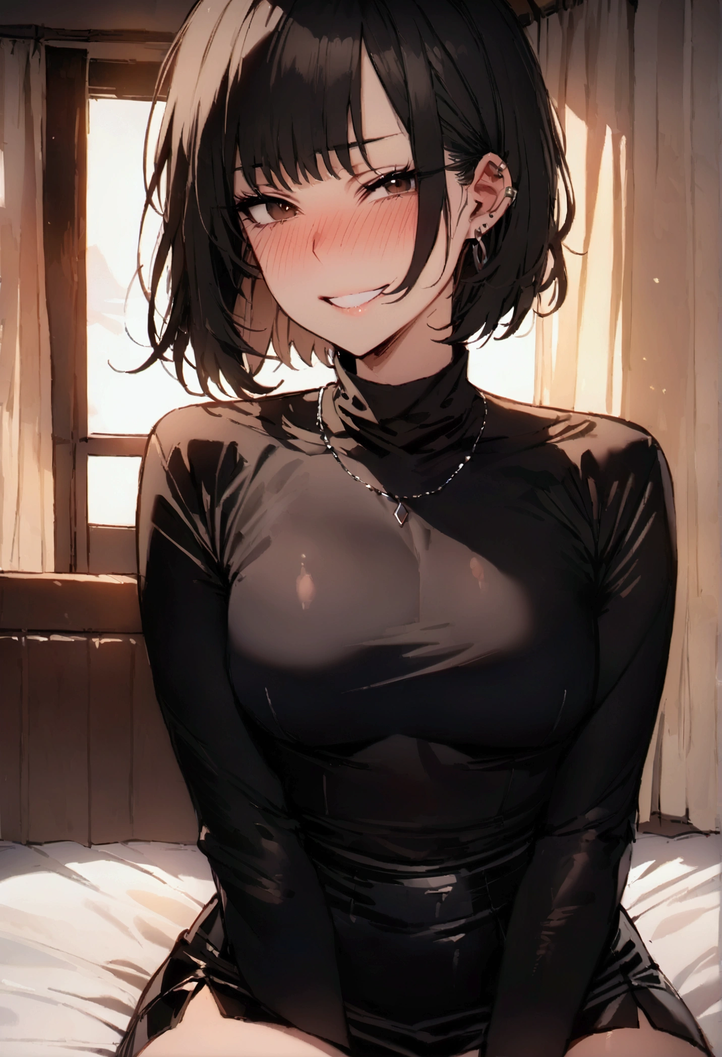 masterpiece, best quality 1girl, solo, beautiful woman, bangs, black hair, short hair, bob cut, dark brown eyes, deep blush, grin, medium breasts, ear ring, necklace, black turtle neck sweeter, short black skirt, plated skirt, looking at viewer sitting on bed