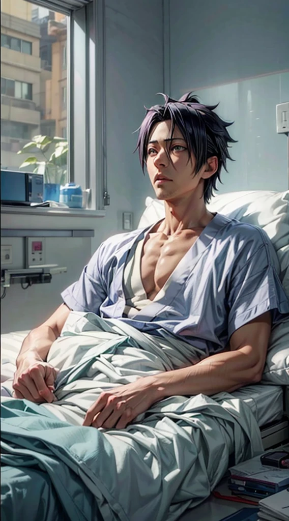 Sasuke lying in a hospital bed with a white blanket, looking out the window,"while hold his chest" like severe chest pain