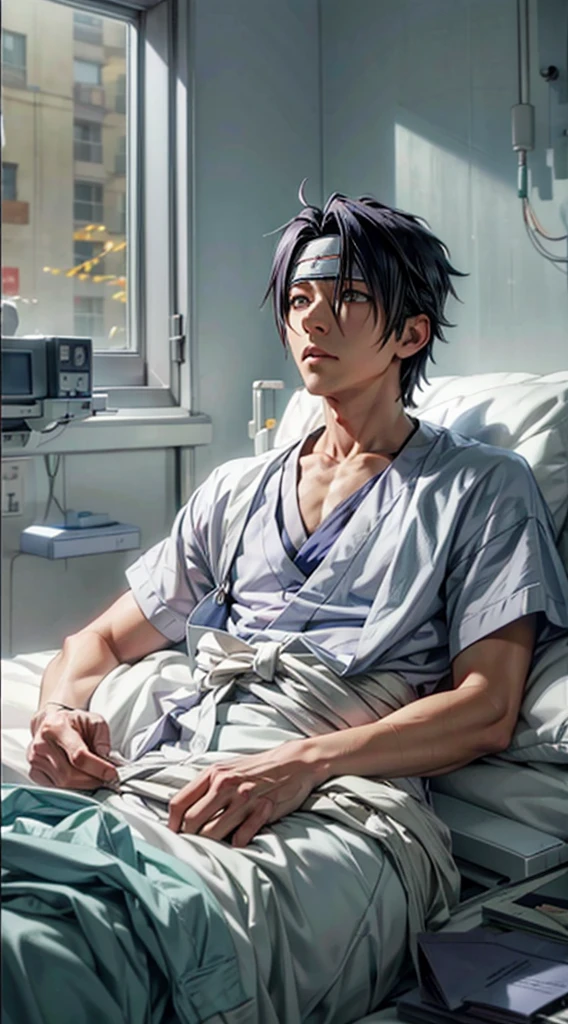 Sasuke lying in a hospital bed with a white blanket, looking out the window,"while hold his chest" like severe chest pain