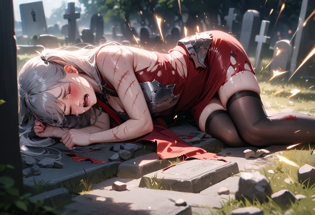 (masterpiece), (best quality), very aesthetic, absurdres, realistic, 1girl, (two side up), long hair, silver hair, (red pencil Dress, single shoulders armor with Cape, pencil miniskirt), [black thigh-highs], [white panties], (injury skin, scar skin, bleeding skin, torn clothes:1.1), Broken Armor, NSFW, lying, on side, leaning back, (one eye closed, cry, tears), sigh, blush, sweat, (outdoors, graveyard), sparks, shockwave, stone Debris, cinematic lighting, diffraction spikes, three quarter view
