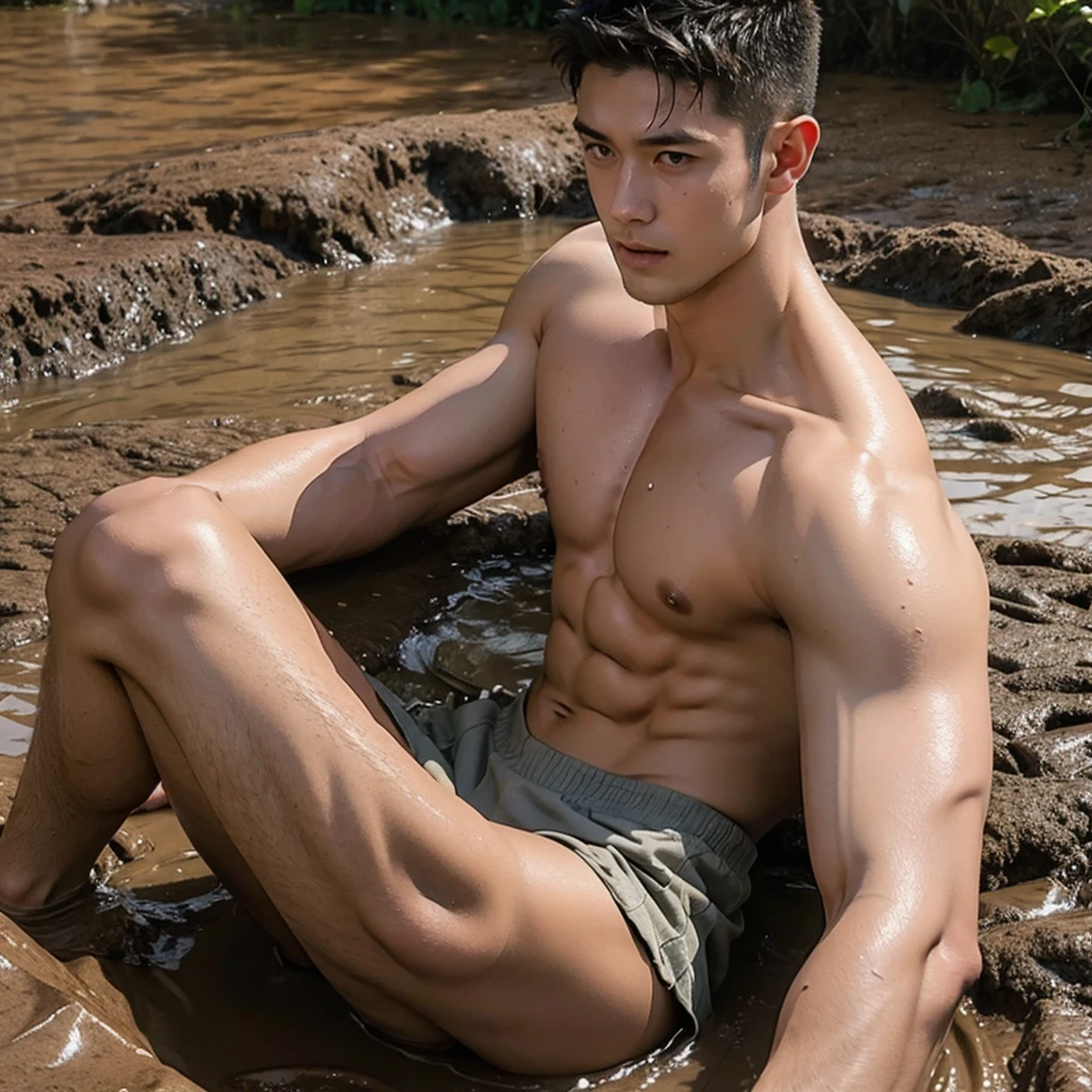 photorealistic,shirtless muscular man, wet body, half body in mud pit,