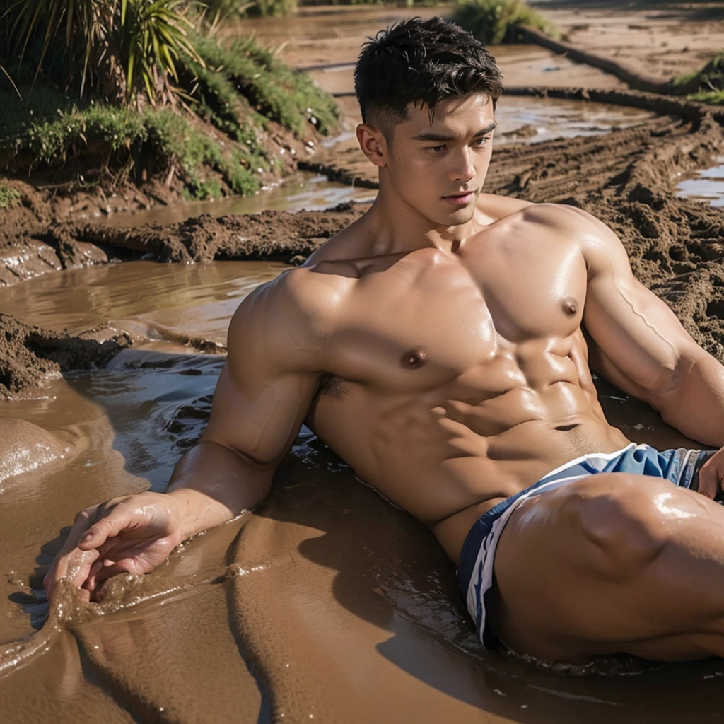 photorealistic,shirtless muscular man, wet body, half body in mud pit, 