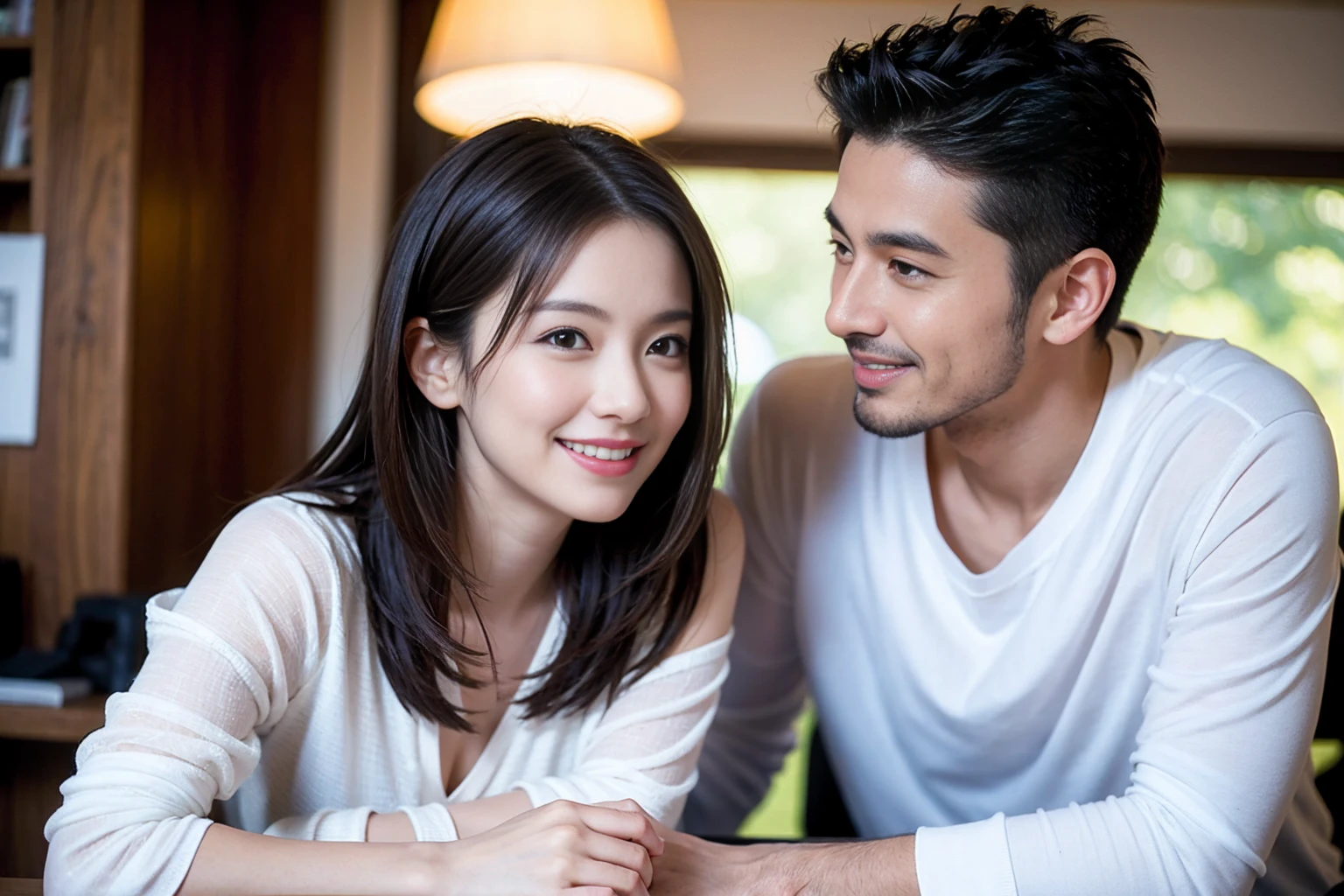 ((Highest quality、、masterpiece:1.3))、1 male、1 female,44 years old 39 years old、Shine the light on my face、Slim Beauty、Beautiful couple、Upper Body、smile、 (Slim face), (the body is スリム), (Brown Hair), (Shortcuts), テーブルのフルコースディナーとwine glass、Amazing view of the sunset sky and clouds、smileの美しさ、Wine bottle、sparkling wine、Long sleeve shirt、dress、White wine, red wine, wine glass, Beautiful fine grain, Depth f/2,saturation, High Contrast, Strong light and shadow,Moist Body:1.5、 texture、The hair is very shiny、