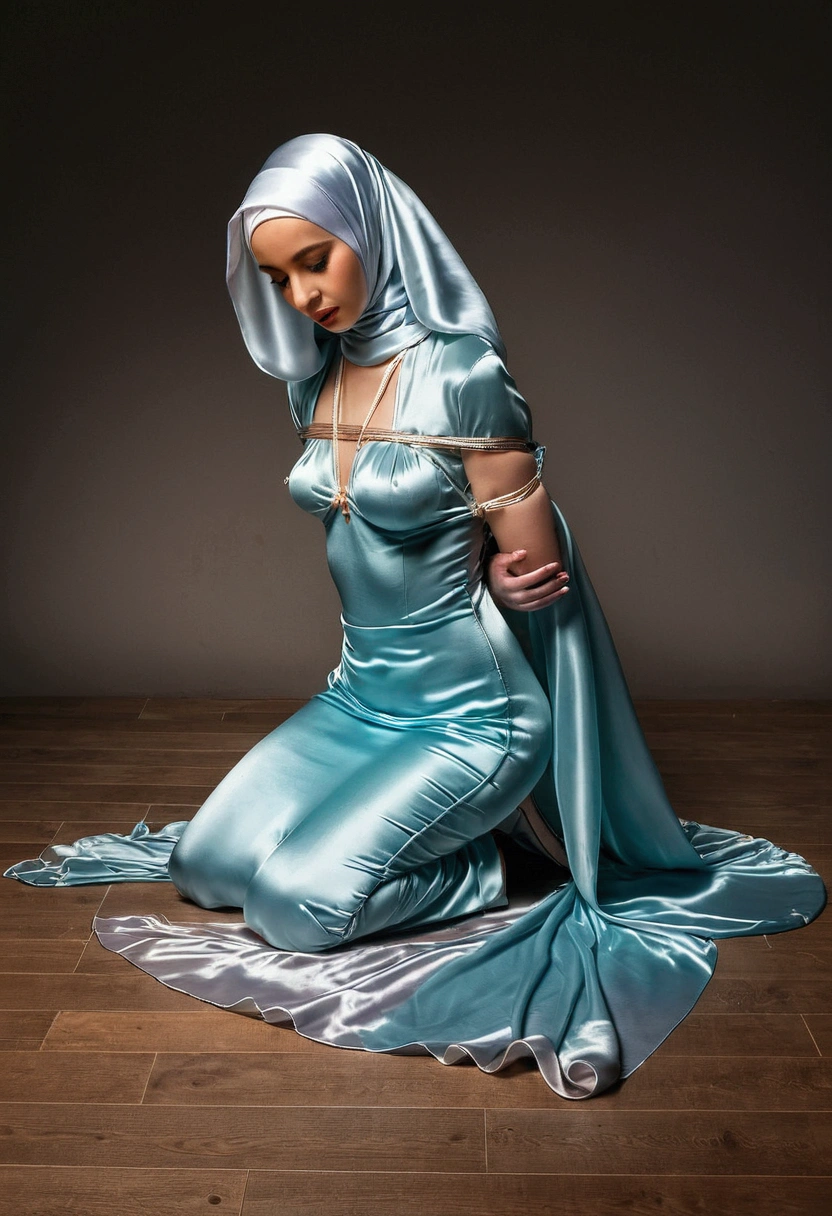 a woman in the transparent gown, tight full body tied, satin sheet on flor, nipple on, satin hijab, full body, long satin,mermaid tight long gown, flowy dramatic long gown, tall women, kneeling on the ground, wear high heels, masterpice.