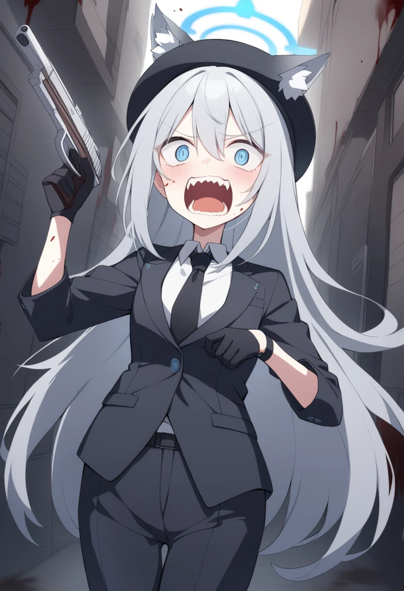 girl,Silver long hair, blue eyes, Wearing a black suit,Black gloves, and black pants, Uninhabited alley,Crazy expression, blue halo,Black hat,Gray wolf ears,Black Tie,With a pistol,Blood on the body,Crazy Laugh