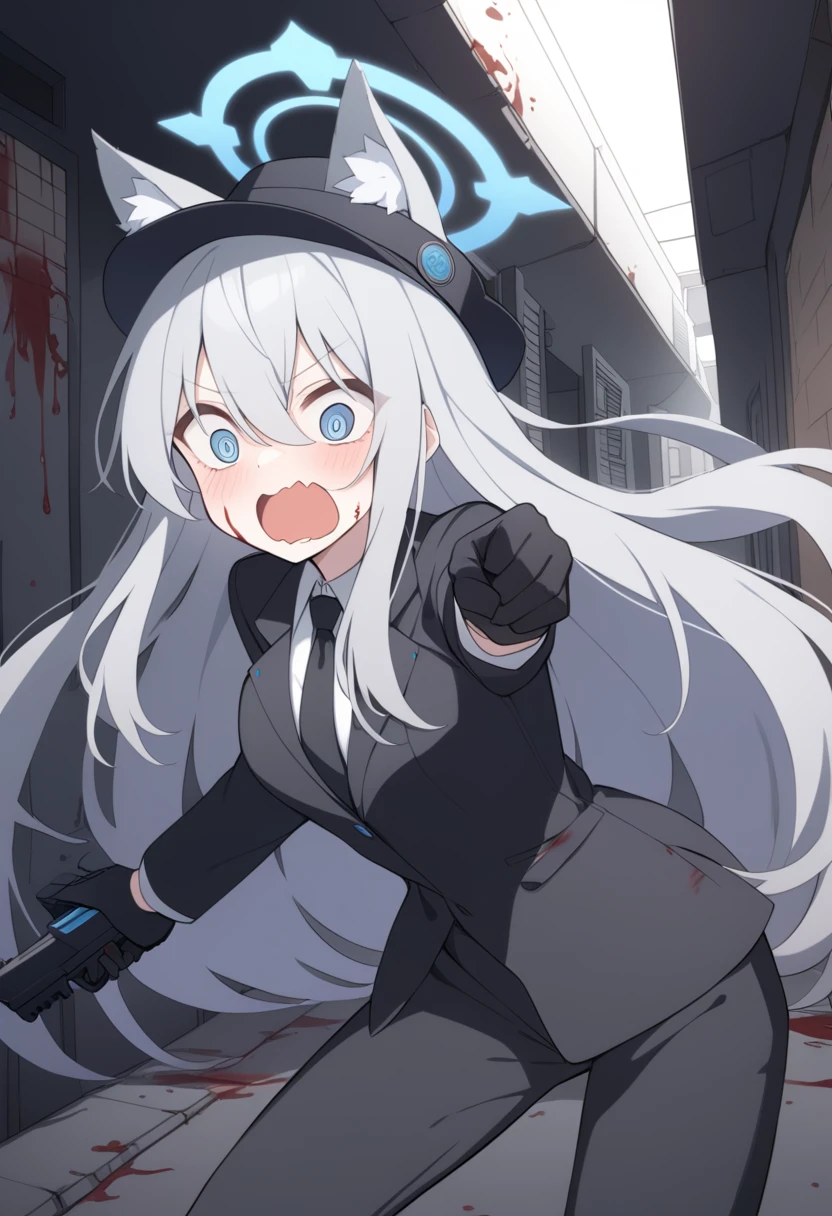 girl，Silver long hair, blue eyes, Wearing a black suit,Black gloves, and black pants, Uninhabited alley，Crazy expression, blue halo，Black hat，Gray wolf ears，Black Tie，With a pistol，Blood on the body，Crazy Laugh