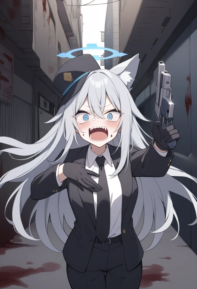 girl，Silver long hair, blue eyes, Wearing a black suit,Black gloves, and black pants, Uninhabited alley，Crazy expression, blue halo，Black hat，Gray wolf ears，Black Tie，With a pistol，Blood on the body，Crazy Laugh