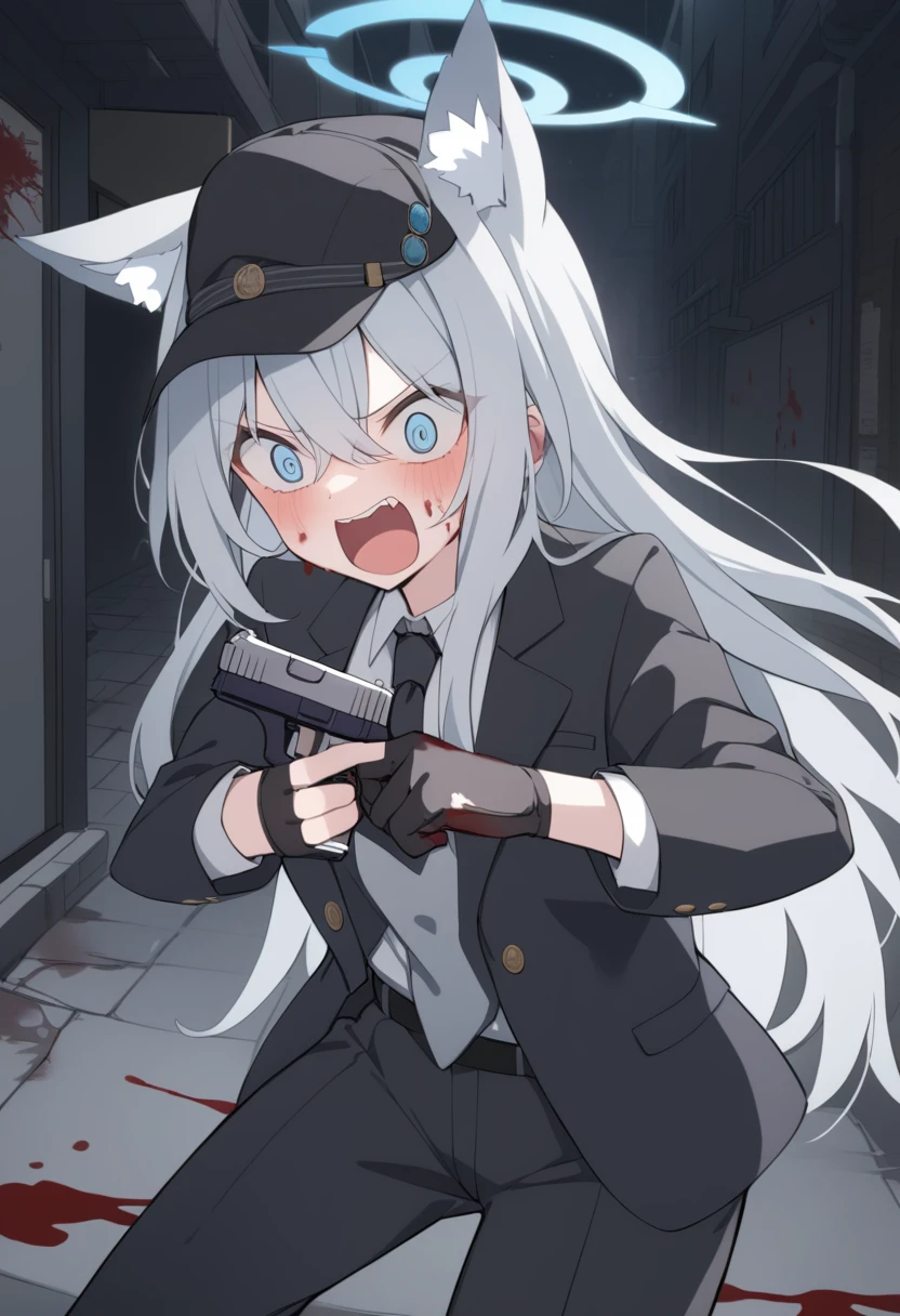girl,Silver long hair, blue eyes, Wearing a black suit,Black gloves, and black pants, Uninhabited alley,Crazy expression, blue halo,Black hat,Gray wolf ears,Black Tie,With a pistol,Blood on the body,Crazy Laugh