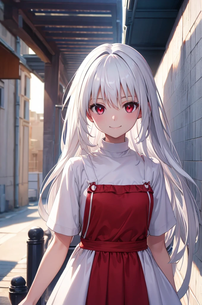 (masterpiece:1.3), (best quality:1.1), (8k, ultra detailed, ultra high res:1.2), ((anime style)), perfect 5 fingers, perfect anatomy,
1girl,
BREAK long hair, (white hair:1.3),
red eyes, dress, Opalescent, sundress,
smile,
looking at viewer,
upper body,
standing,
no background,