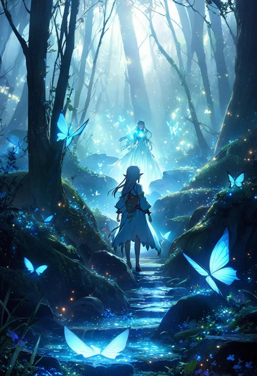 There is a road in the middle of the forest，Leaves shine, Shining crystals on the ground, Glowing Butterfly, Shining stones in the cave, Glowing Elf, Glowing spores fly, Glowing blue butterfly, Shining eyes everywhere, Crystals illuminate the scene, Glowing Arsonist, A shining figure in the distance, There are little fireflies everywhere, Magical glowing eyes, Luminous sphere, Beautiful anime scene