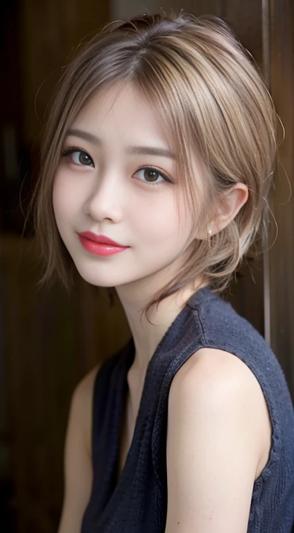 blush a little and smile, (Top quality masterpiece:1.2) Delicate illustrations, Very detailed, /Beautiful Japanese Women、1 person,Very cute and slim、Great style 、((8K images、super high quality))、Very delicate face, Skin and Hair、beautifule forehead、Red lipstick、(((((short hair、Blonde、lure))))),Very cute Japanese cut face、Eyes and nose are clearly visible、Kind eyes,((((Sleeveless fashion))))