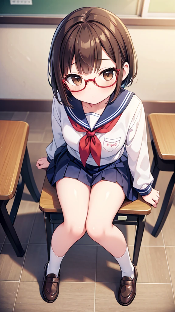 nichijo style、simple、Simple、mischief、Expectations、Shyness、Sit on a chair、School、classroom、Daytime、Cute girl , Steam rises around her, Shooting from below, One Girl, Brown Hair、Very short hair, Brown eyes、Red frame glasses、White blouse, Navy Blue Skirt, Navy blue socks, Brown Loafers, Thin legs、Small breasts, Highest quality, 4K, 8K, High resolution, masterpiece:1.2, Very detailed, Realistic, photoRealistic, photo-Realistic:1.37, High resolution, 超High resolution, Studio Lighting, Ultra-fine painting, Sharp focus, Physically Based Rendering, Very detailed説明, Professional, Vibrant colors, Bokeh