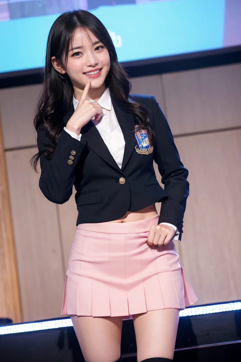 (8K), (highest quality: 1.2), (Realistic), (Realistic: 1.37), Ultra-high resolution, 1 girl, cute, (Embarrassed smile:1.2), (Blushing:1.4),Mouth closed,赤いリップ, Beautiful details, Beautiful Nose, (black straight Hair:1.2), giant dulcefo, pork, Thighs,Navel exposed,University Student Uniform,(カルバン・クラインのグレーのスポーツブラ:1.2),A simple blazer,tight skirt,Platform boots,Dancing on the school stage,(Shiny Thighs:1.2),(ニーハイソックス:1.4),Medium Shot
