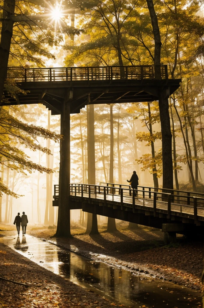 A couple walking in a forest covered with fog on an autumn morning. The couple is wearing thick, warm clothes and holding a thermos in their hands. The leaves of the trees are in shades of golden yellow and red. There is a thick carpet of leaves on the ground. The fog adds a mystical atmosphere to the forest and the sun's rays filter through the fog, creating a fascinating sight. Deep in the forest, an old wooden bridge is visible, with a small stream flowing under the bridge.